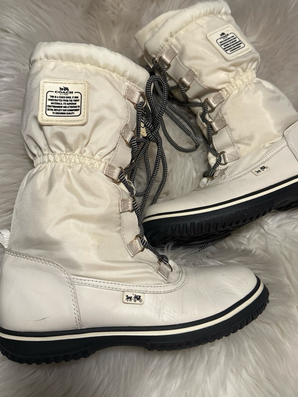 Coach Cream/Black Lace-Up Insulated Winter Boots